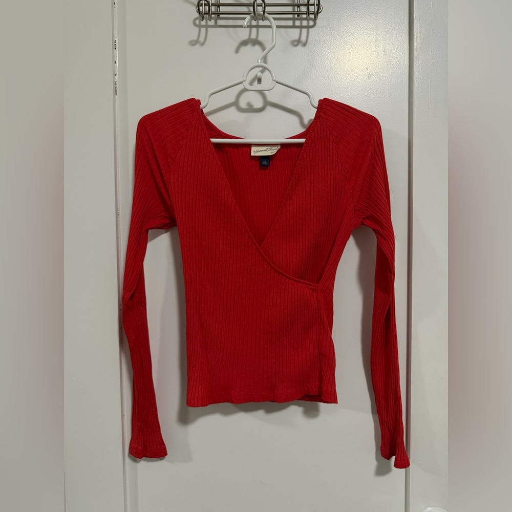 Ribbed V Neck Wrap Top in Red